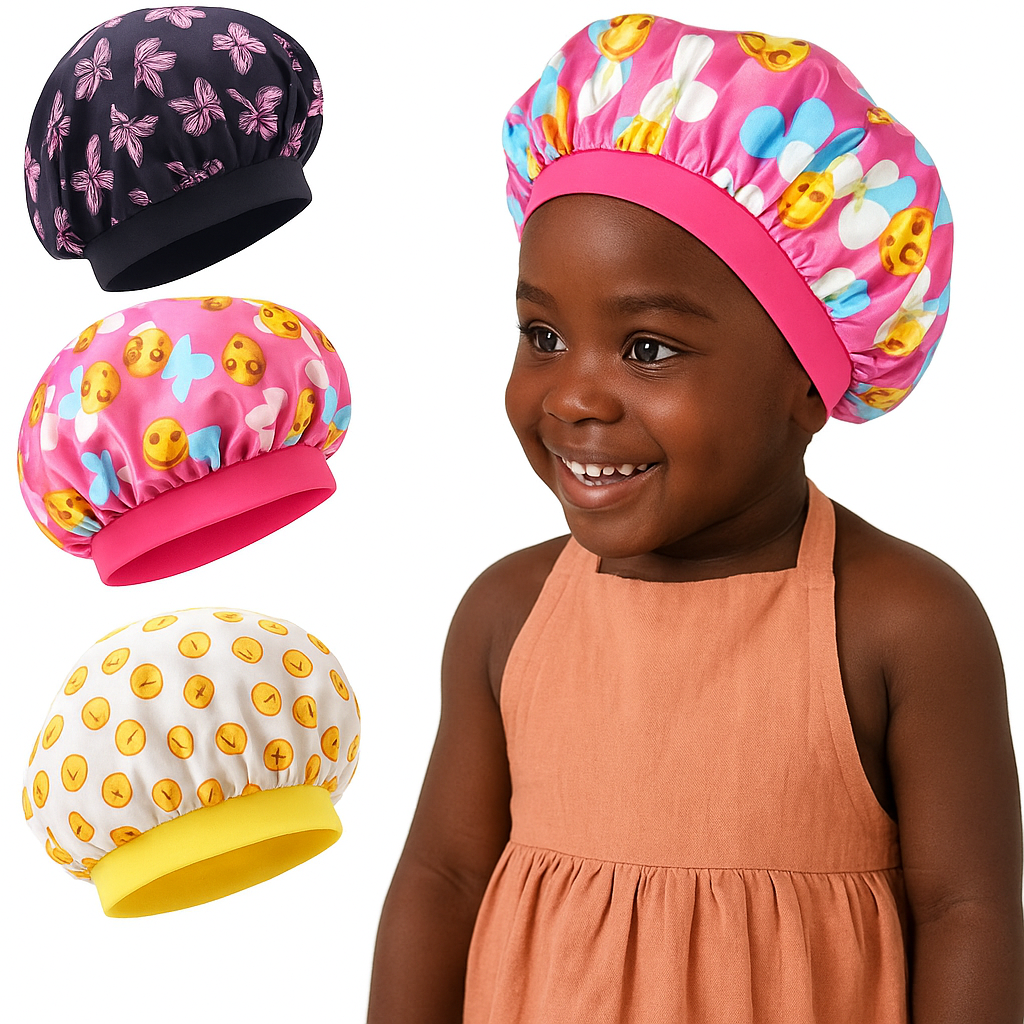 Lady Royal Kids’ Wide Elastic Band Satin Sleep Cap with Smiley Print